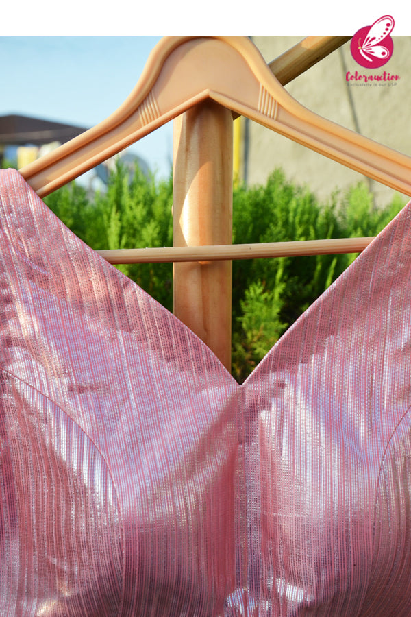 Pink Metallic Fancy Crepe Deep V - Neck Padded Blouse