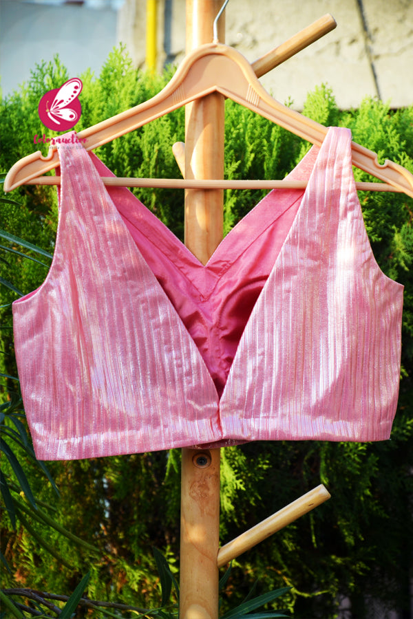 Pink Metallic Fancy Crepe Deep V - Neck Padded Blouse