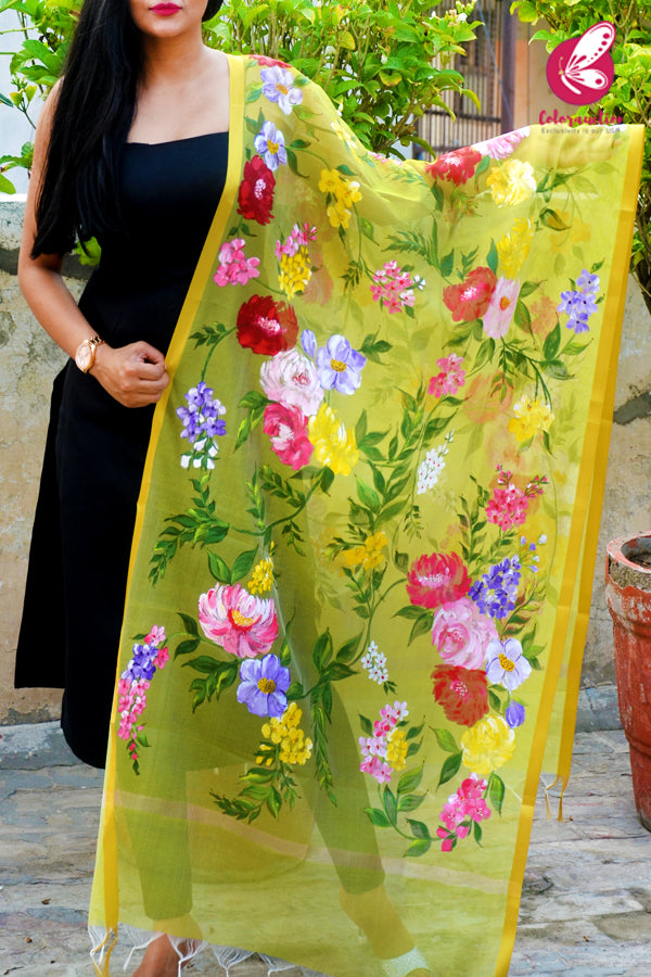 Lime Green Multicoloured Pure Organza Hand-painted  Stole