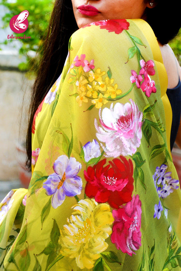 Lime Green Multicoloured Pure Organza Hand-painted  Stole