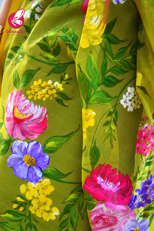 Lime Green Multicoloured Pure Organza Hand-painted  Stole
