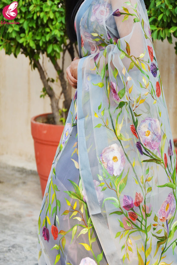 Multicolored  Satin Lehenga With Hand Painted Organza Stole