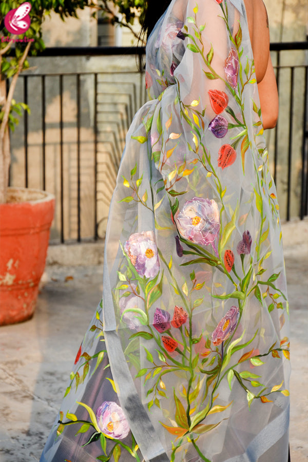Grey Organza Hand painted Multicolored Floral Stole
