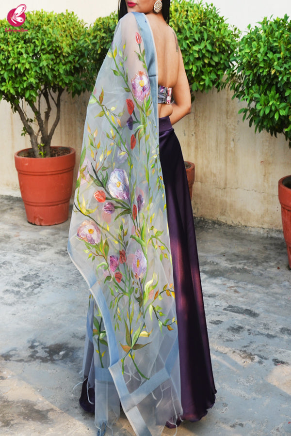 Grey Organza Hand painted Multicolored Floral Stole