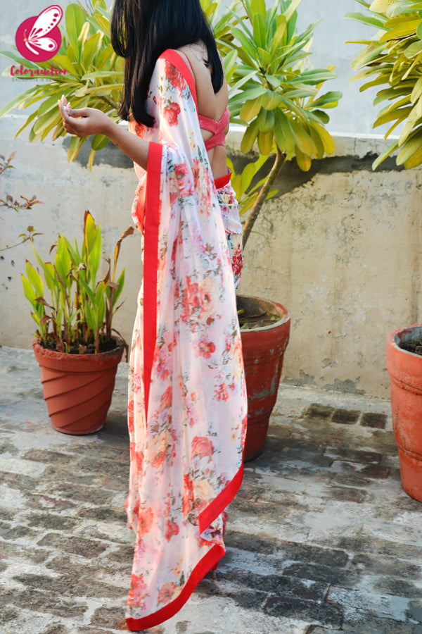 Light Pink Printed Chiffon Satin Taping Saree