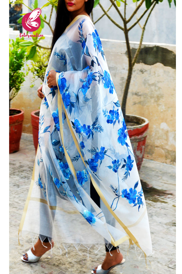 Off White Blue Floral Pure Organza Handpainted Stole