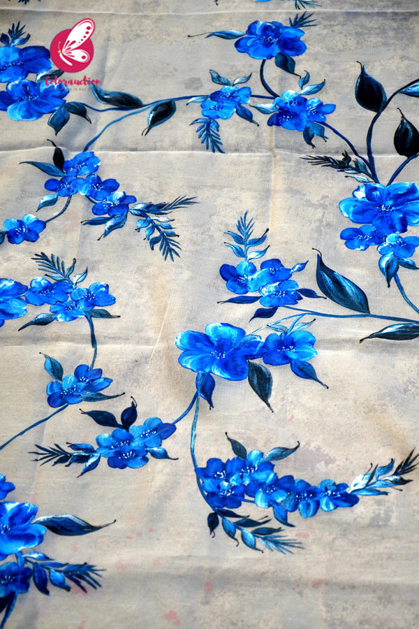 Off White Blue Floral Pure Organza Handpainted Stole