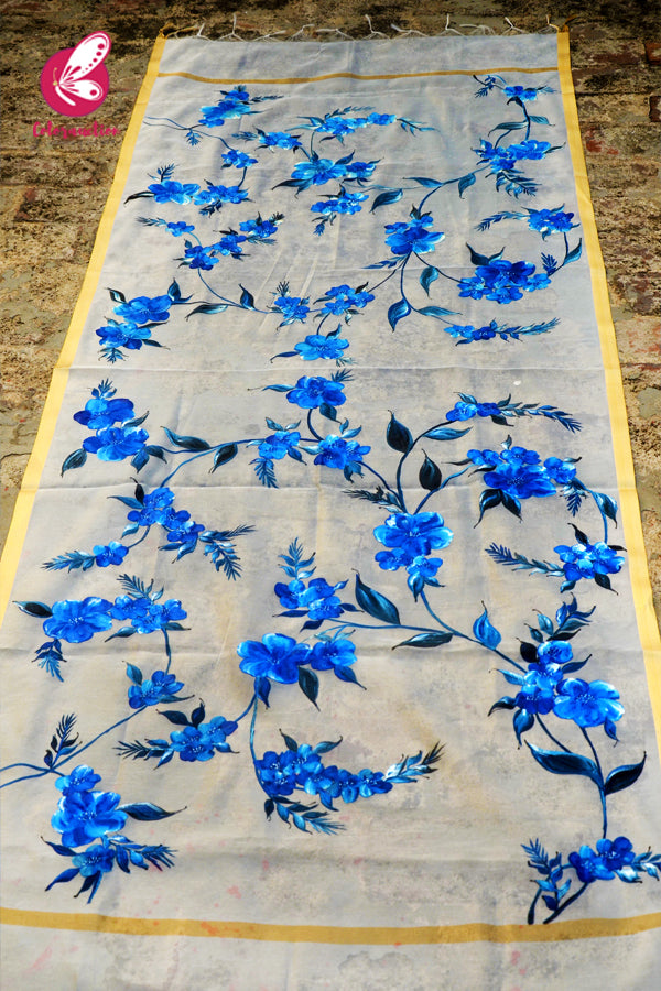 Off White Blue Floral Pure Organza Handpainted Stole