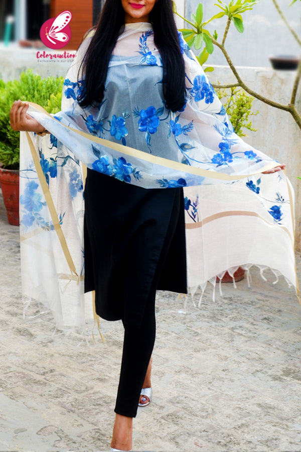 Off White Blue Floral Pure Organza Handpainted Stole