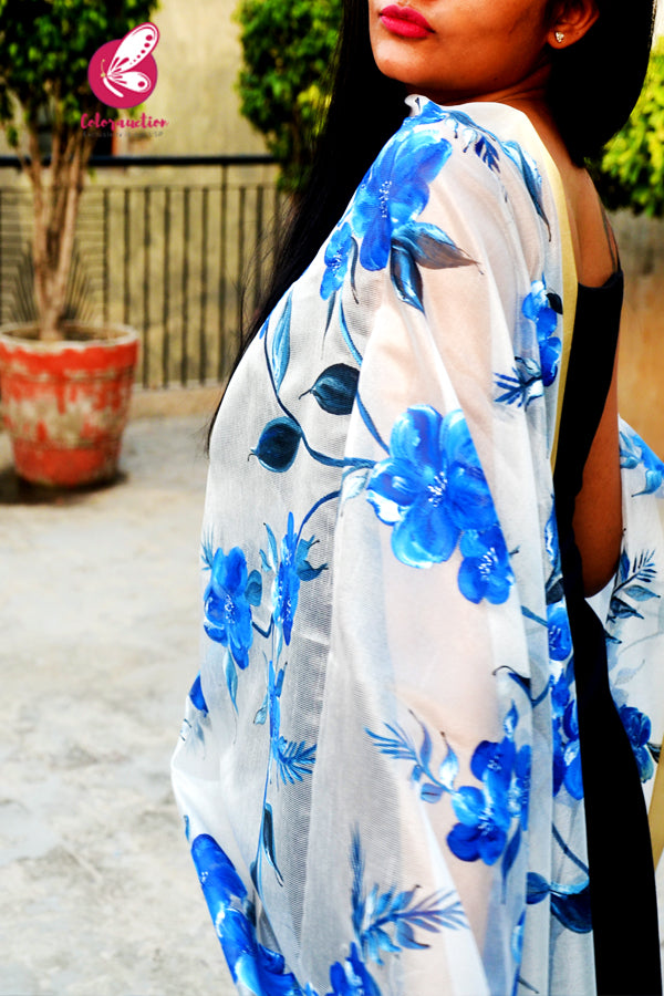 Off White Blue Floral Pure Organza Handpainted Stole
