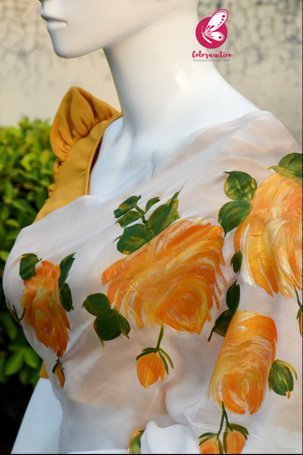 Off White Crepe Chiffon Yellow Golden Hand-painted Saree