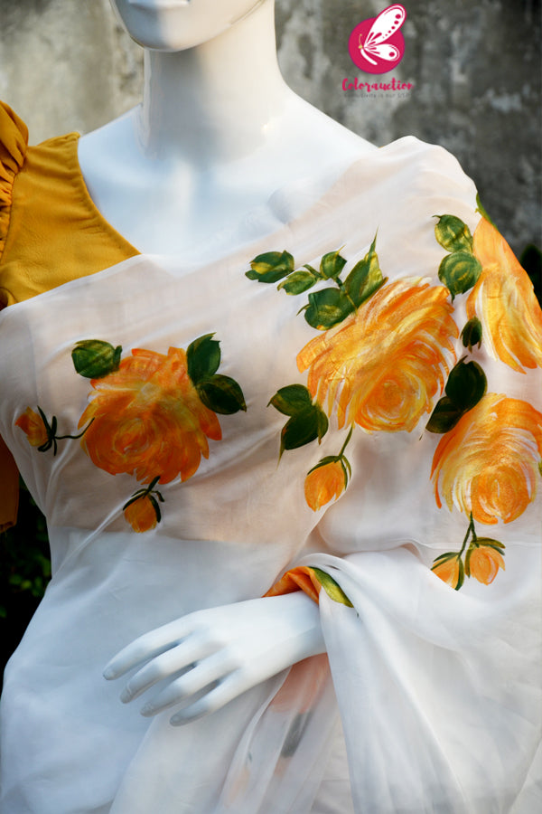 Off White Crepe Chiffon Yellow Golden Hand-painted Saree
