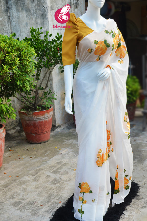 Off White Crepe Chiffon Yellow Golden Hand-painted Saree