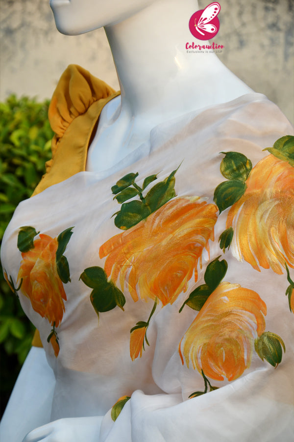 Off White Crepe Chiffon Yellow Golden Hand-painted Saree