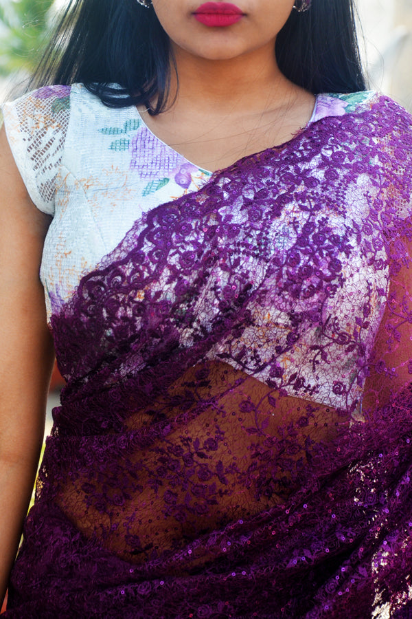 Wine Pure Satin Embroidered Net Half and Half Saree