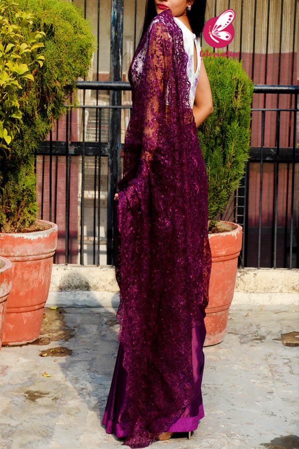 Wine Pure Satin Embroidered Net Half and Half Saree