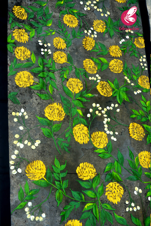 Black Pure Organza Golden Yellow Peonies Hand painted Stole