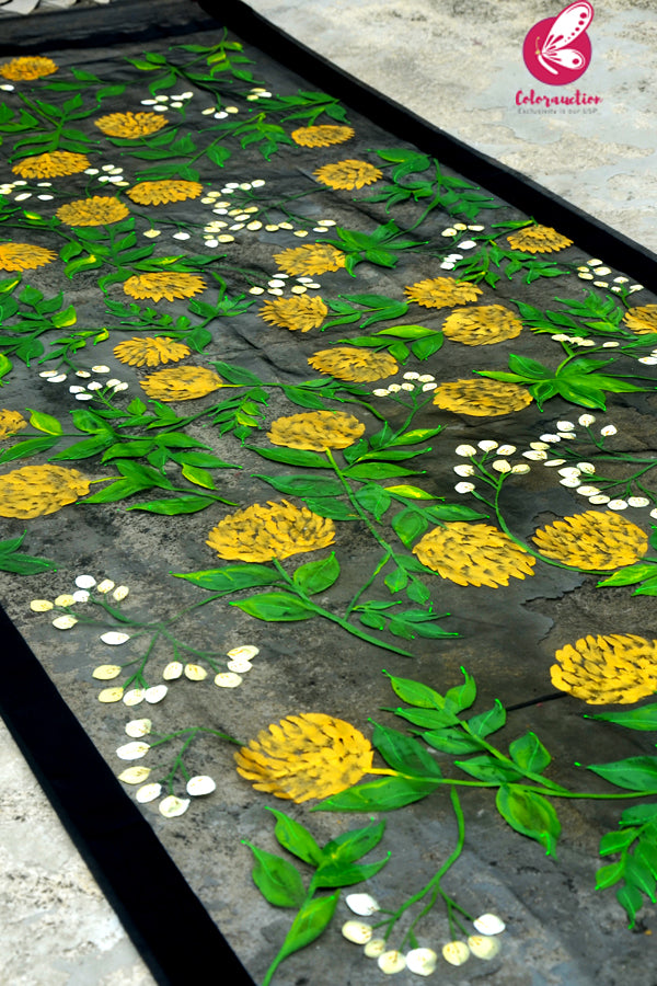 Black Pure Organza Golden Yellow Peonies Hand painted Stole