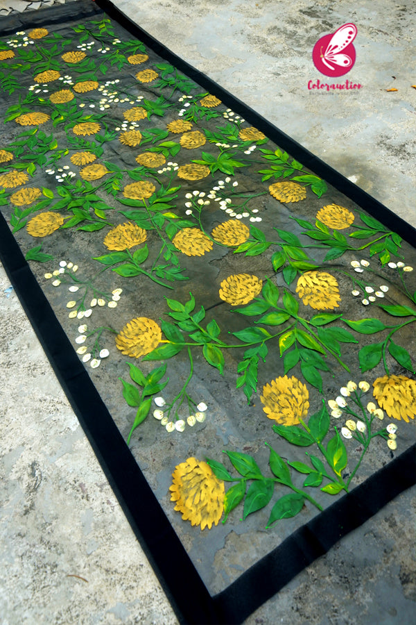 Black Pure Organza Golden Yellow Peonies Hand painted Stole