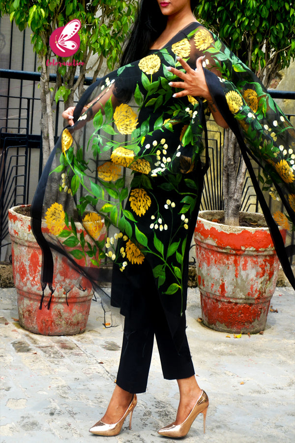 Black Pure Organza Golden Yellow Peonies Hand painted Stole