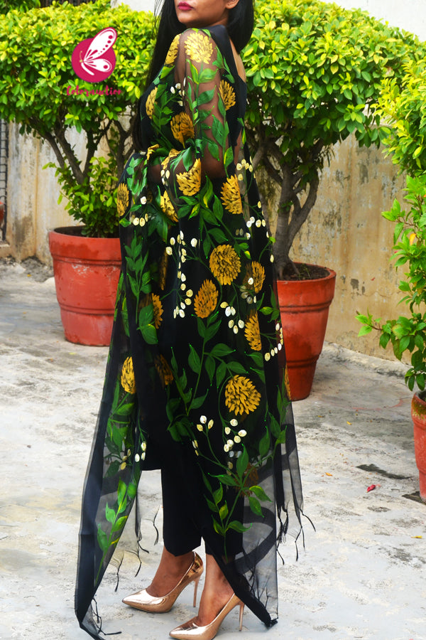 Black Pure Organza Golden Yellow Peonies Hand painted Stole
