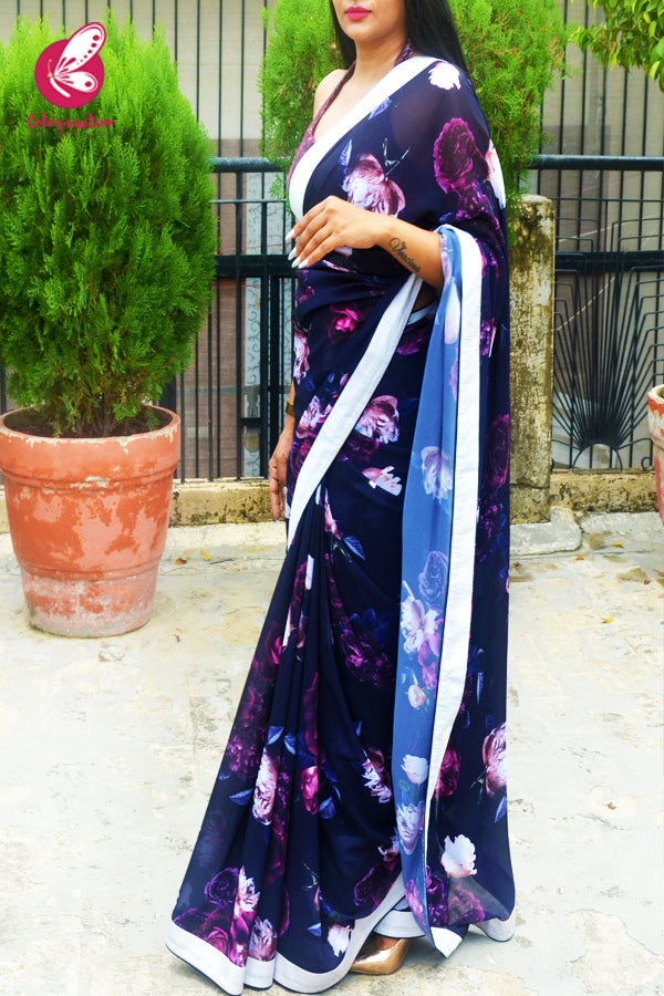 Navy Blue Printed Floral Satin Taping Saree