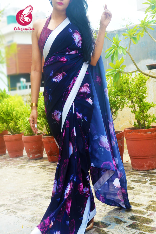Navy Blue Printed Floral Satin Taping Saree