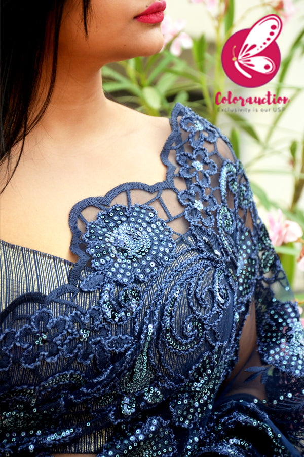 Blue Embroidered Half &amp; Half Satin Net Saree