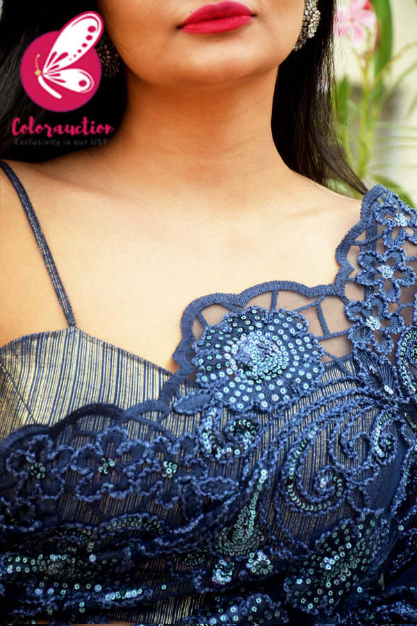 Blue Embroidered Half &amp; Half Satin Net Saree