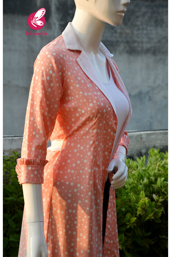 Peach & White Crepe White Satin Collar & White Satin Belt