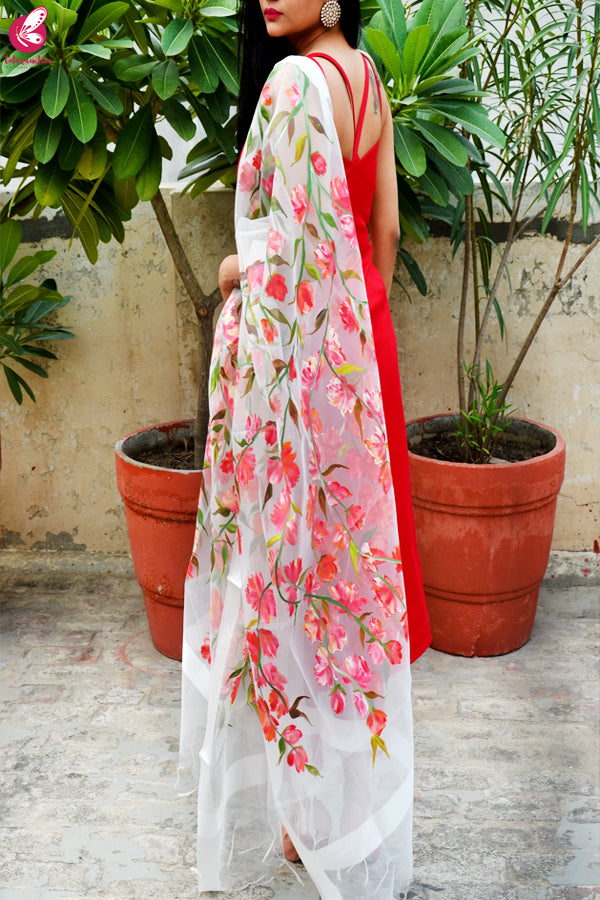 White Organza Hand painted Colorful Floral Red Stole