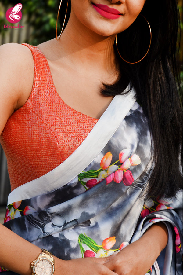 Printed Multicolored Satin Saree