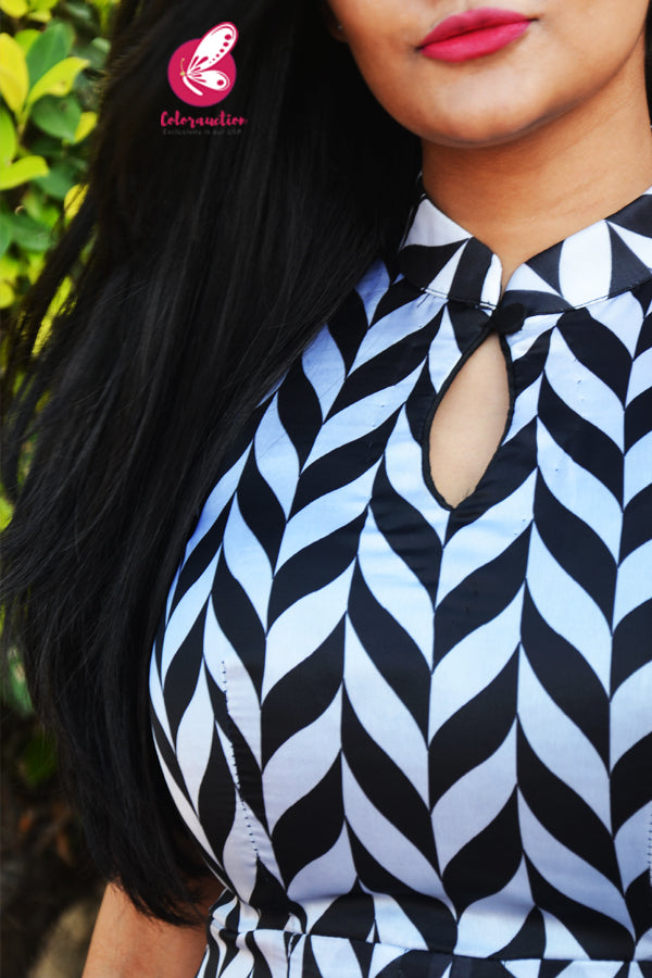 Black &amp; White Satin Georgette Sleeveless Front Slit Kurti