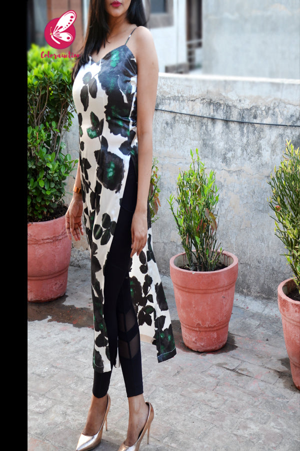 White &amp; Green Printed Satin Strappy Kurti