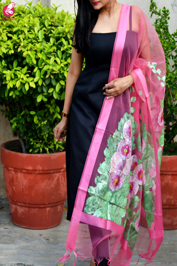 Light Pink Organza Hand painted Floral Stole
