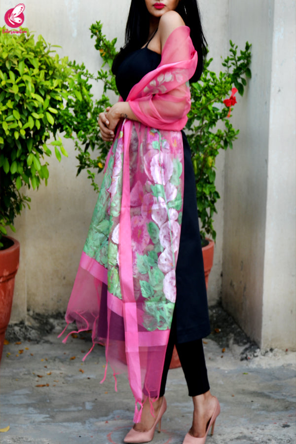 Light Pink Organza Hand painted Floral Stole