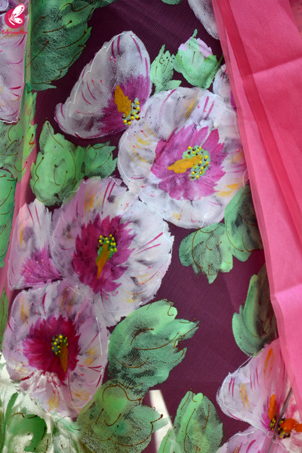 Light Pink Organza Hand painted Floral Stole