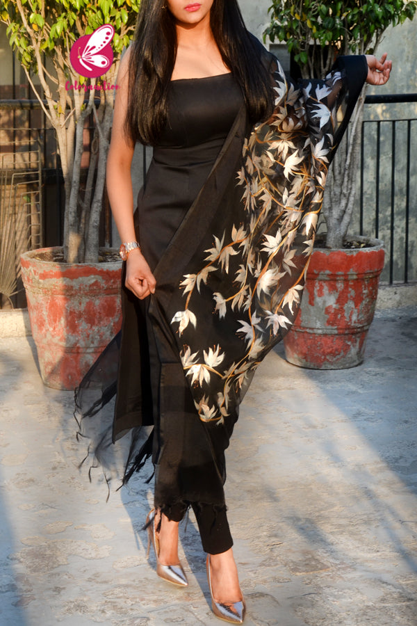 Black Pure Organza Peach Floral Hand painted Stole
