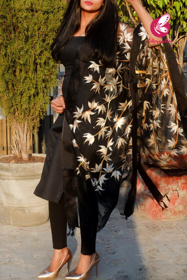 Black Pure Organza Peach Floral Hand painted Stole