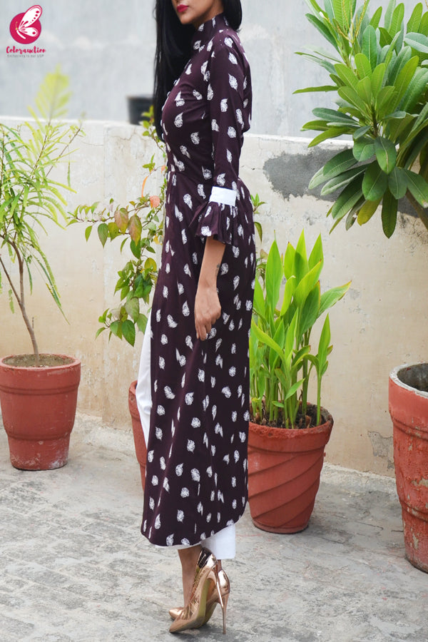 Dark Purple Cotton Silk Printed Front Slit Kurti