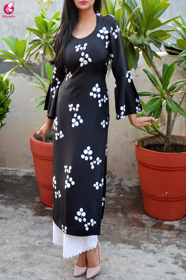 Black &amp; White Printed Pure Silk Kurti with Lakhnawi Cotton Full Lining Palazzo