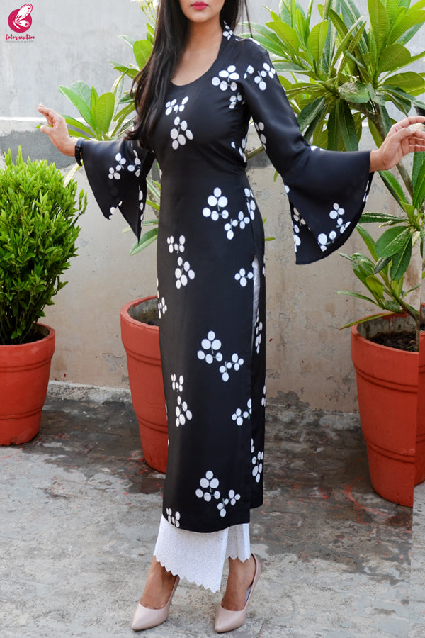 Black & White Printed Pure Silk Kurti with Lakhnawi Cotton Full Lining Palazzo