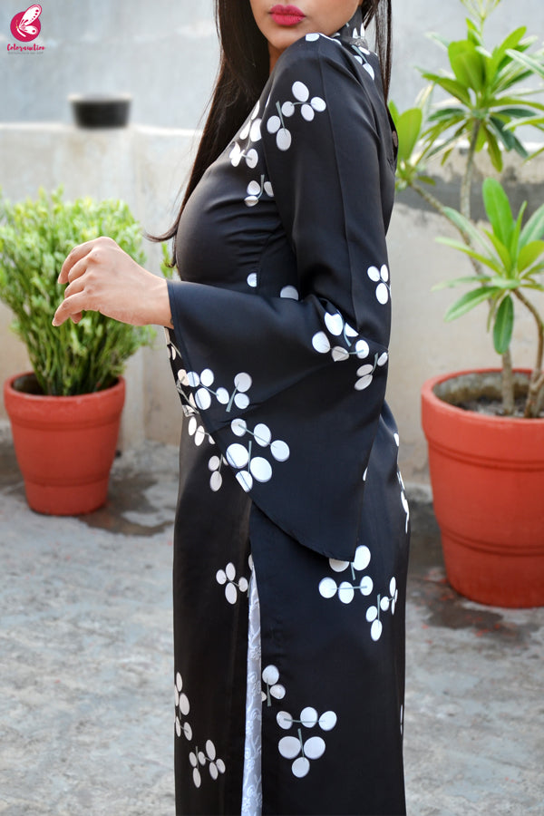 Black & White Printed Pure Silk Kurti with Lakhnawi Cotton Full Lining Palazzo