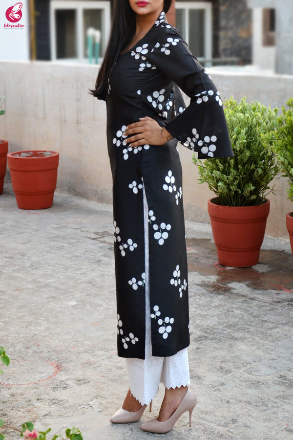 Black &amp; White Printed Pure Silk Kurti with Lakhnawi Cotton Full Lining Palazzo