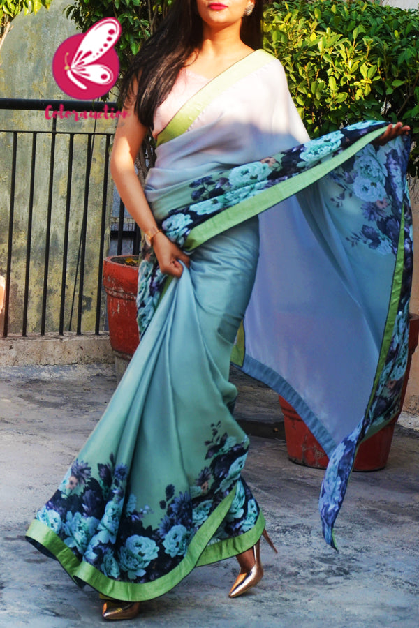 Olive Green Printed Satin Dupion Taping  Black Piping Saree
