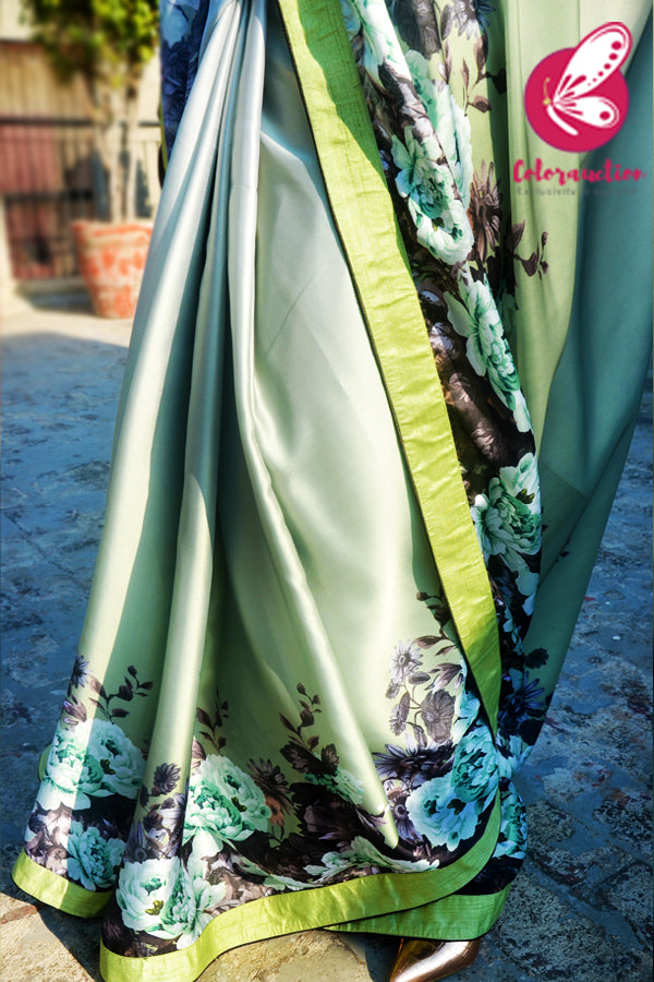 Olive Green Printed Satin Dupion Taping  Black Piping Saree