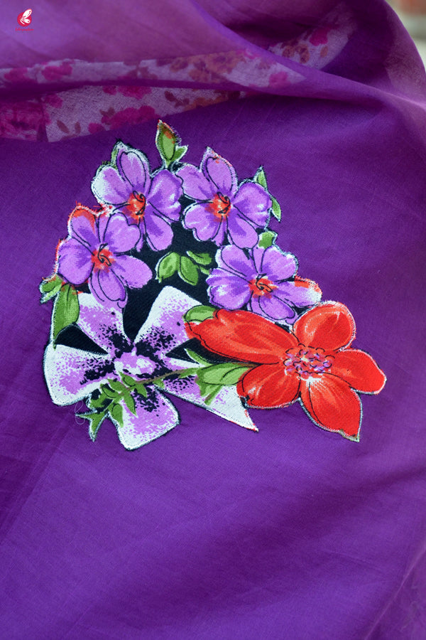 Purple  Organdy Applique Floral Saree