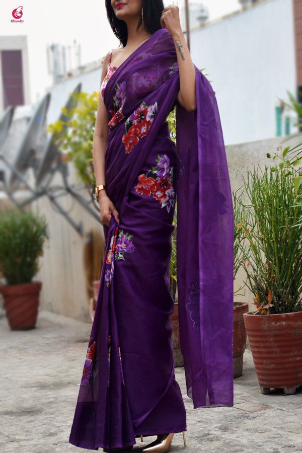 Purple  Organdy Applique Floral Saree