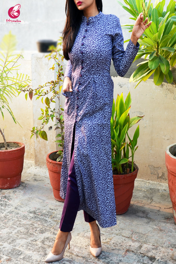 Grey & Purple Cotton Silk Kurti with Purple Cotton Silk Pants