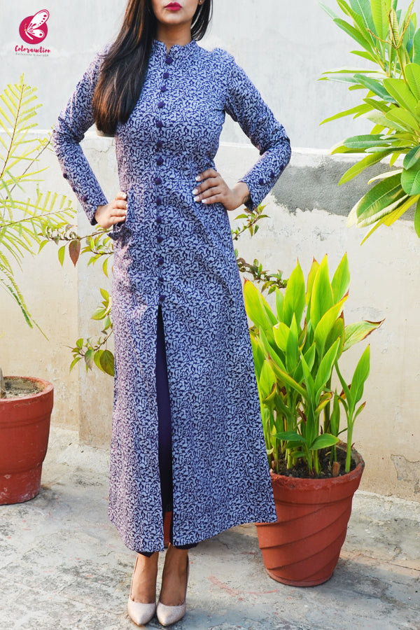 Grey &amp; Purple Cotton Silk Kurti with Purple Cotton Silk Pants